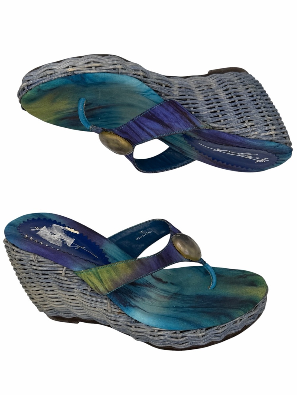 Blue Green Tie-Dye Sandals with Basket Weave Platform - Size 7